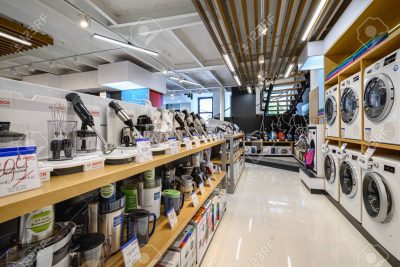 Chisinau, Moldova, May 2020: showroom of home appliance store, mostly from Bosch brand